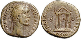 Römische Münzen. 
Kaiserzeit. 
Antoninus Pius 138-161. Dupondius, 12,87 g, Rom, Kopf re. mit Strahlenkrone/achtsäuliger Tempel, darin zwei Statuen. ...
