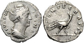 Römische Münzen. 
Kaiserzeit. 
Faustina Maior (Gattin des Antoninus Pius, † 141). Denar, postum, 3,14 g, Bü. re., DIVA FAVSTINA/Pfau n. re. gehend, ...