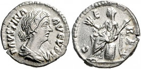 Römische Münzen. 
Kaiserzeit. 
Faustina Minor (Gattin des Marc Aurel, † 176). Denar, 2,98 g, Rom, Bü. re./Ceres n. li. sitzend. Kamp.&nbsp;38.37, RI...