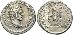 Römische Münzen. 
Kaiserzeit. 
Caracalla 196-217. Denar, 2,77 g, Bü. re., ANTONINVS PIVS AVG GERM/Fides Militum n. li. stehend mit zwei Feldzeichen....