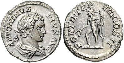Römische Münzen. 
Kaiserzeit. 
Caracalla 196-217. Denar, 3,68 g, Rom, Bü. re./...