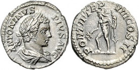 Römische Münzen. 
Kaiserzeit. 
Caracalla 196-217. Denar, 3,68 g, Rom, Bü. re./Mars n. li. stehend mit Helm u. Mantel, Zweig u. Lanze haltend. Kamp.&...