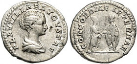 Römische Münzen. 
Kaiserzeit. 
Plautilla (Gattin des Caracalla). Denar, 3,40 g, Bü. re., PLAVTILLAE AVGVSTAE/Caracalla im Handschlag mit Plautilla, ...