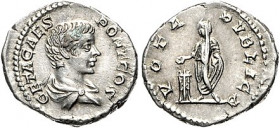 Römische Münzen. 
Kaiserzeit. 
Geta 198-212. Denar, als Caesar, 3,50 g, Rom, drap. Brb. re./VOTA PVBLICA, Geta n. li. an Dreifuss opfernd. Kamp.&nbs...