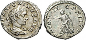 Römische Münzen. 
Kaiserzeit. 
Elagabal 218-222. Denar, 3,22 g, Rom, belorb. u. drap. Bü. re./PM TR P II COS II PP, Pax n. li. gehend. Kamp.&nbsp;56...