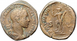 Römische Münzen. 
Kaiserzeit. 
Severus Alexander 221-235. Sesterz, 20,58 g, Rom i.J. 228, belorb. u. drap. Bü. re./Mars n. li. auf Prora stehend. Ka...