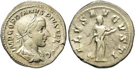 Römische Münzen. 
Kaiserzeit. 
Gordian III. 238-244. Denar, 3,26 g, Rom, belorb., drap. u. gepanz. Bü. re./Salus n. re. stehend, eine auf dem Arm ge...