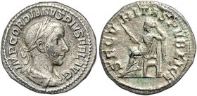 Römische Münzen. 
Kaiserzeit. 
Gordian III. 238-244. Denar, 2,79 g, Rom, belorb., drap. u. gepanz. Bü. re./Securitas mit Zepter n. li. sitzend. Kamp...