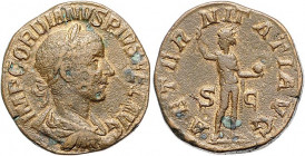 Römische Münzen. 
Kaiserzeit. 
Gordian III. 238-244. Sesterz, 19,21 g, Rom, belorb., drap. u. gepanz. Bü. re./Sol frontal stehend, in der Linken ein...