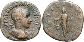 Römische Münzen. 
Kaiserzeit. 
Gordian III. 238-244. Sesterz, 17,08 g, Rom, belorb., drap. u. gepanz. Bü. re./Laetitia n. li. stehend. Kamp.&nbsp;72...