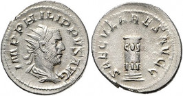 Römische Münzen. 
Kaiserzeit. 
Philipp I. Arabs, 244-249. Antoninian zur 1000-Jahrfeier Roms, 3,39 g, Rom, Bü. re./Säule, darauf COS III, SAECVLARES...