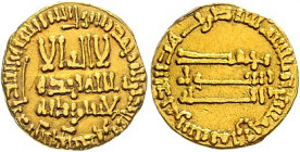 Arabische Welt. 
Abbasiden, Zeit des Kalifen al-Mansur, 754-775. Dinar, Bagdad, GOLD, 19 mm, 3,93 g. . 

kl. ZE, ss
