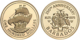 Barbados. 
100 Dollars 1975, GOLD, 350 Jahre britische Besitznahme, Schiff "Olive Blossom". Schön&nbsp;10, KM&nbsp;18, Fb.&nbsp;1. in Kapsel, mehrwer...