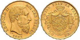Belgien, Königreich. 
Leopold II. 1865-1909. 20 Francs 1882, GOLD. Schön&nbsp;30, Fb.&nbsp;412. mehrwertsteuerbefreit. 

vz-stfr