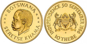 Botswana. 
10 Thebe 1966, GOLD, zur Unabhängigkeit. Schön&nbsp;2, KM&nbsp;2, Fb.&nbsp;1. mehrwertsteuerbefreit. 

fast stempelfrisch