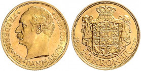 Dänemark. 
Frederik VIII. 1906-1912. 20 Kroner 1910, GOLD. KM&nbsp;810, Fb.&nbsp;297. mehrwertsteuerbefreit. 

vz/f. stfr