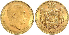 Dänemark. 
Christian X. 1912-1947. 20 Kroner 1914, GOLD. Schön&nbsp;28, KM&nbsp;817, Fb.&nbsp;299. mehrwertsteuerbefreit. 

f. vz/vz