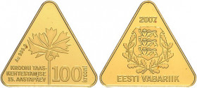 Estland. 
Republik seit 1990. 100 Krooni 2007, GOLD (7,78 g 999.9 fein), 15 Jahre Wiedereinführung des Kroon. Parch.&nbsp;407, KM&nbsp;45. mit Zertif...
