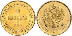 Finnland. 
Nikolaus II. von Russland 1894-1917. 10 Markkaa 1913 S (Helsinki), GOLD. KM&nbsp;8.2, Bitkin&nbsp;394, Fb.&nbsp;6. . 

f. stfr