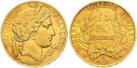 Frankreich. 
Zweite Republik 1848-1852. 20 Francs 1851 A, GOLD. KM&nbsp;762, Gad.&nbsp;1059, Fb.&nbsp;566. mehrwertsteuerbefreit. 

ss