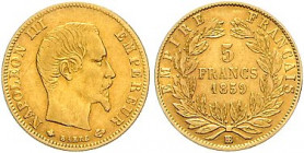 Frankreich. 
Napoleon III. 1852-1870. 5 Francs 1859 BB, GOLD. KM&nbsp;787.2, Fb.&nbsp;579. mehrwertsteuerbefreit. 

ss