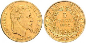 Frankreich. 
Napoleon III. 1852-1870. 5 Francs 1863 BB, GOLD. KM&nbsp;803.2, Fb.&nbsp;589. mehrwertsteuerbefreit. 

ss