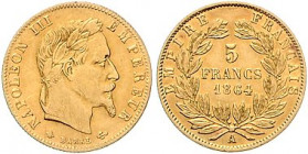 Frankreich. 
Napoleon III. 1852-1870. 5 Francs 1864 A, GOLD. KM&nbsp;803.1, Fb.&nbsp;588. mehrwertsteuerbefreit. 

ss