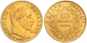 Frankreich. 
Napoleon III. 1852-1870. 10 Francs 1863 A, GOLD. KM&nbsp;800.1, Fb.&nbsp;586. mehrwertsteuerbefreit. 

ss