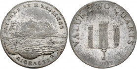 Gibraltar. 
Two Quarts 1802 (Token), Kupfer versilb., 31,5 mm, Robert Keeling, Felsen v. Gibraltar/Wappen. KM&nbsp;Tn&nbsp;2.2. . 

kl. Rf., ss