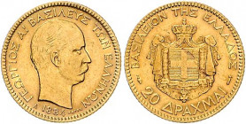 Griechenland. 
Georg I. 1863-1913. 20 Drachmen 1884, GOLD. Schön&nbsp;54, KM&nbsp;56, Fb.&nbsp;18. . 

Rs. kleiner Sf, ss