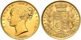 Großbritannien. 
Victoria 1837-1901. Sovereign 1872, GOLD, jugendlicher Kopf/gekr. Wappen im Kranz, darunter Stempelnummer ("die number") 51. KM&nbsp...