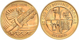 Island. 
10.000 Kronur 1974, GOLD, 1100 Jahre Landnahme durch Wikinger. Schön&nbsp;25, KM&nbsp;22, Fb.&nbsp;2. mehrwertsteuerbefreit. 

min. berieb...