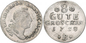 Anhalt/-Bernburg. 
Victor Friedrich 1718-1765. 8 Gute Groschen 1758 B (Harzgerode). Mann&nbsp;613, Schön&nbsp;59. . 

winz. Sf, ss-f. vz