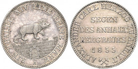 Anhalt/-Bernburg. 
Alexander Carl 1834-1863. Ausbeutetaler 1855 A. J.&nbsp;66, AKS&nbsp;16, Kahnt&nbsp;4. . 

feine Tönung, f. vz