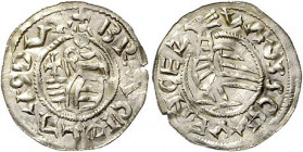 Böhmen. 
Bretislaw I. 1037-1055. Denar, 0,99 g, Prag, Kniebild des Herzogs, in der Rechten ein Kreuz, BRAZISLAVS DVX/Pfau n. li., SCSVVENCEZLAVS. Cac...