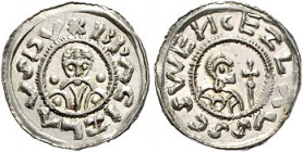 Böhmen. 
Wratislaw II. 1061-1092. Denar, 1,04 g, Prag, Brb. v. v. zwischen zwei Punkten, BPACIZLAVS/Brb. n. re. mit Kreuzstab, SCS WENCEZLAVS. Doneb....