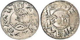 Böhmen. 
Wratislaw II. 1061-1092. Denar, 0,65 g, Prag, gekr. u. geharnischtes Brb. re., WRATIZLVS/segnende Hand n. li. aus Kapelle, Fahne haltend, WE...