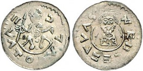 Böhmen. 
Swatopluk von Mähren 1095-1107. Denar, 0,58 g, Olmütz, Herzog thronend v. v. mit Lanze u. Keil, ZVATOPVLC/Brb. des Hl. Wenzeslaus im Halbkre...