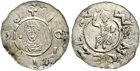 Böhmen. 
Boriwoj, 1100-1107, 1109-1110 u. 1118-1120. Denar, 0,50 g, Prag, Brb. frontal, li. i. F. Kugel, BORIVOI/Hl. Wenzeslaus v. v. thronend mit er...