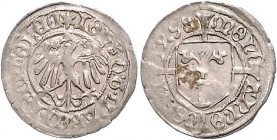 Brandenburg/-Preußen. 
Johann Cicero 1486-1499. 1/2 Groschen 1498, Berlin, 1,15 g. Bahrf.&nbsp;II/&nbsp;66. RR.. 

ss