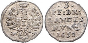 Brandenburg/-Preußen. 
Friedrich Wilhelm 1640-1688. 3 Pfennige 1658, Landmünze, Berlin, Bahrf. III/177. . 

ss-vz