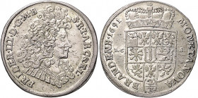 Brandenburg/-Preußen. 
Friedrich III. 1688-1701. Gulden 1691 LCS (Berlin), röm. Harnisch, 17,05 g. v.&nbsp;Schrötter&nbsp;91, Dav.&nbsp;270. . 

wi...