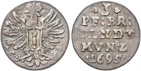 Brandenburg/-Preußen. 
Friedrich III. 1688-1701. 3 Pfennige 1695 LCS (Berlin). Bahrf.&nbsp;III/&nbsp;519a. . 

ss