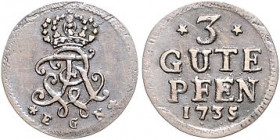 Brandenburg/-Preußen. 
Friedrich Wilhelm I. 1713-1740. 3 Gute Pfennige 1735 EGN (Berlin). Martin&nbsp;44. . 

ss