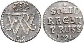 Brandenburg/-Preußen. 
Friedrich Wilhelm I. 1713-1740. Schilling 1721 CG (Königsberg). Martin&nbsp;46a. . 

ss