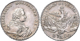 Brandenburg/-Preußen. 
Friedrich II. 1740-1786. 1/4 Taler 1750 A, Waffengruppe beidseits mit 9 Spitzen u. Kanonenrohr. Old.&nbsp;15a. R.. 

Vs. win...