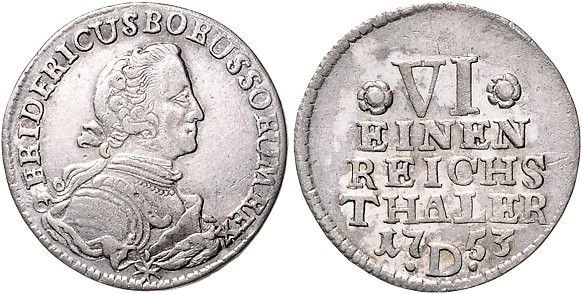 Brandenburg/-Preußen. 
Friedrich II. 1740-1786. 1/6 Taler 1753 D. Old.&nbsp;57....