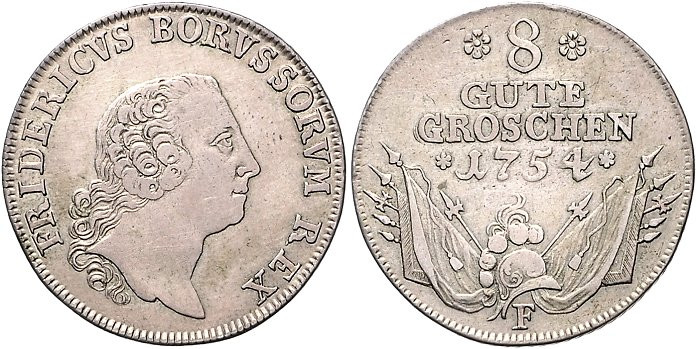 Brandenburg/-Preußen. 
Friedrich II. 1740-1786. 8 Gute Groschen 1754 F. Old.&nb...