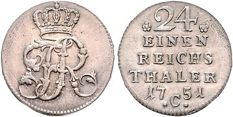 Brandenburg/-Preußen. 
Friedrich II. 1740-1786. 1/24 Taler 1751 C (Mzz. zwische...