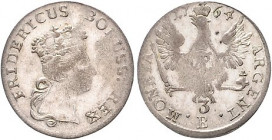 Brandenburg/-Preußen. 
Friedrich II. 1740-1786. 3 Kreuzer 1764 E, für Schlesien, Legende mit BORUSS: REX. Old.&nbsp;305&nbsp;b. . 

kl. Ps, vz